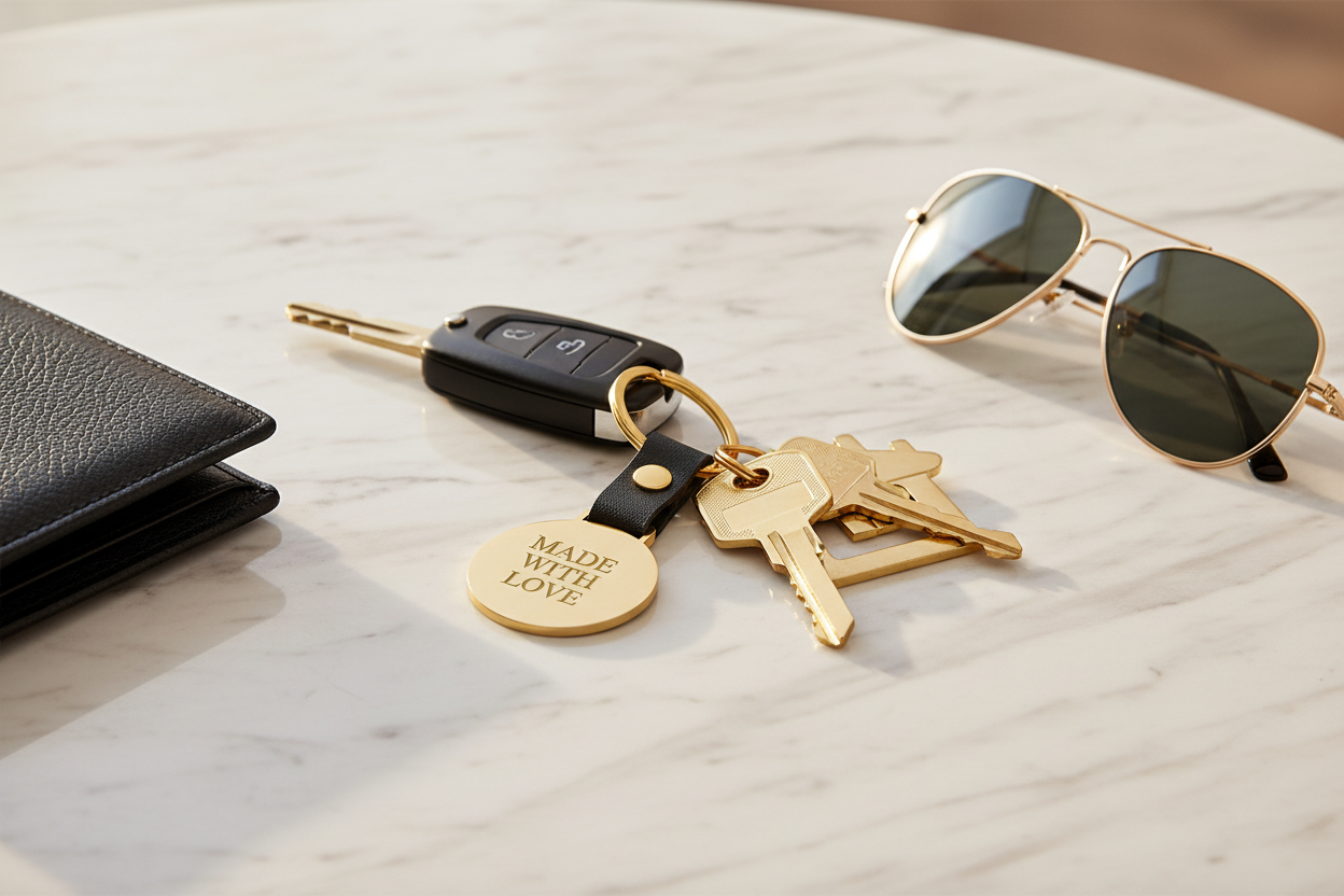 Llavero dorado con llaves en uso