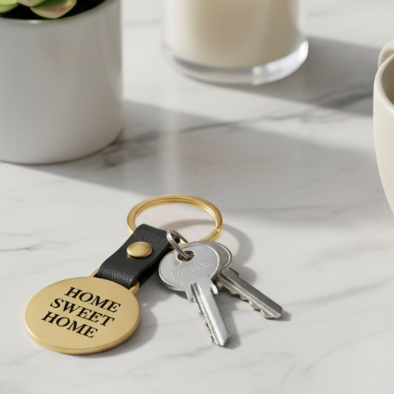 Llavero dorado con llaves sobre mesa blanca decorada