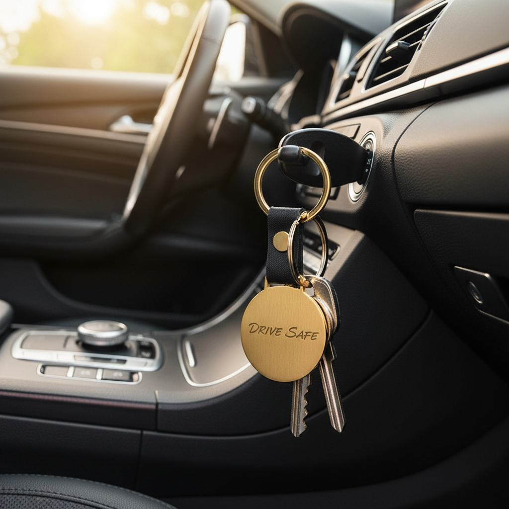 Llavero dorado en interior de coche