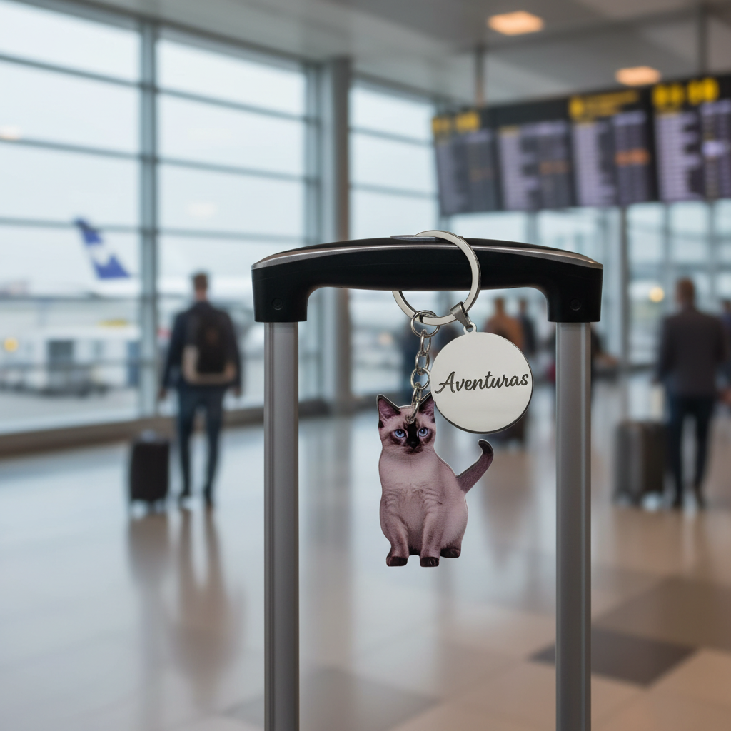 Llavero mascotas gato siamés en maleta viaje, llavero foto identificador equipaje