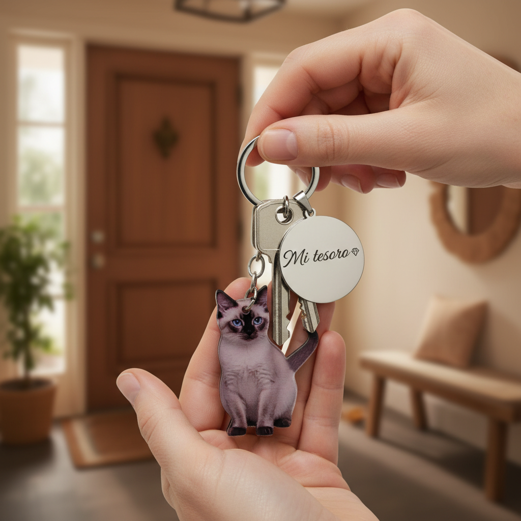 Llavero mascotas gato siamés para llaves casa, llavero foto con grabado personalizado