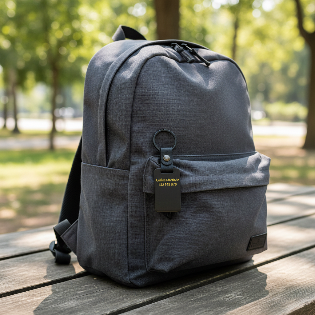 Llavero negro como colgante de mochila con datos de contacto