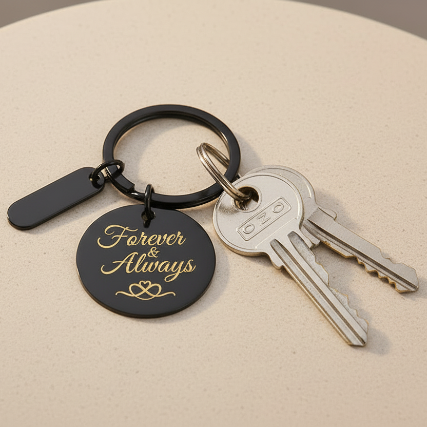 Llavero negro con frase de amor y llaves de metal