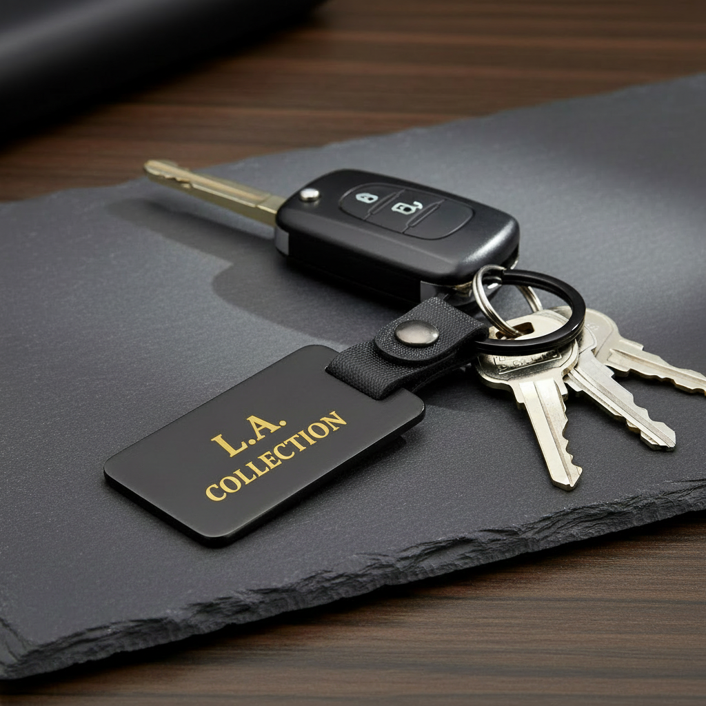 Llavero negro con grabado en dorado