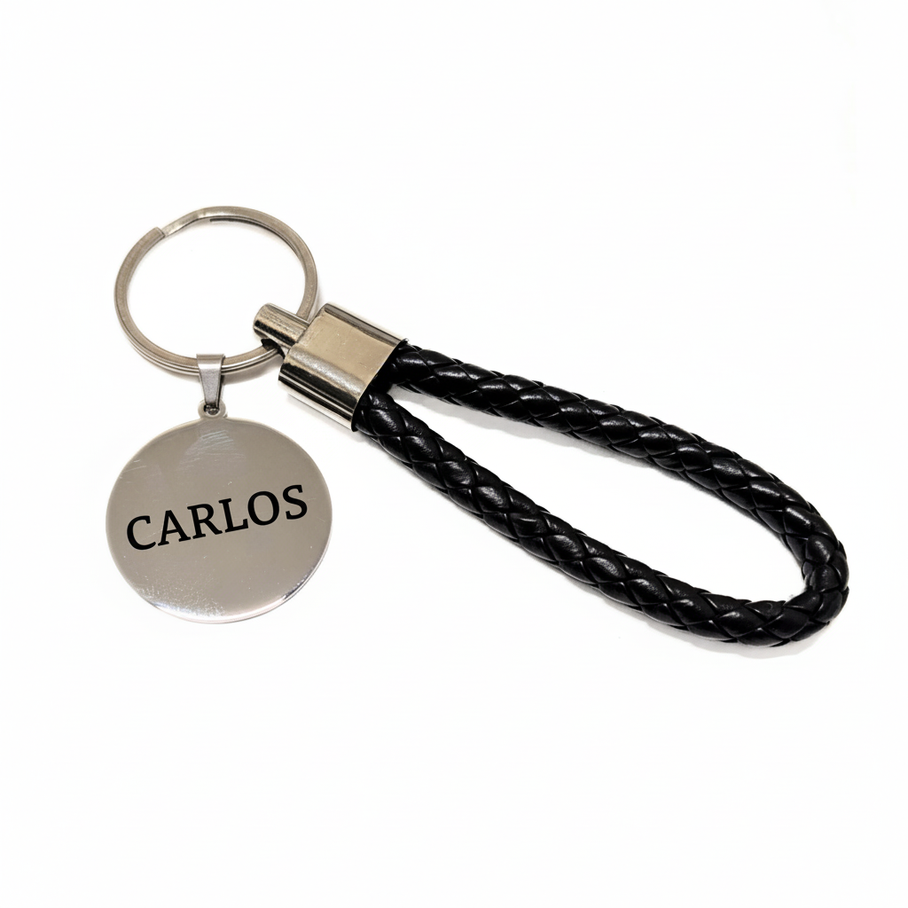 Llavero negro con grabado sobre fondo blanco