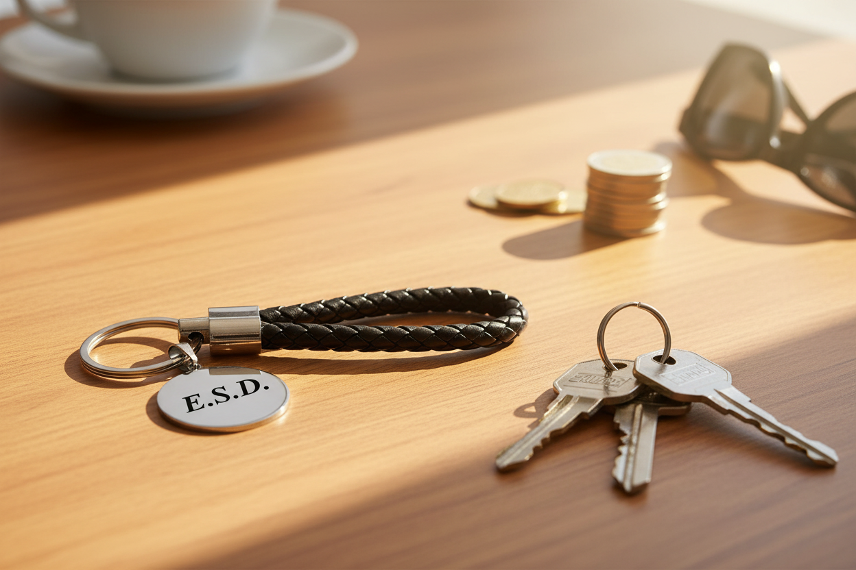 Llavero negro con llaves sobre madera clara