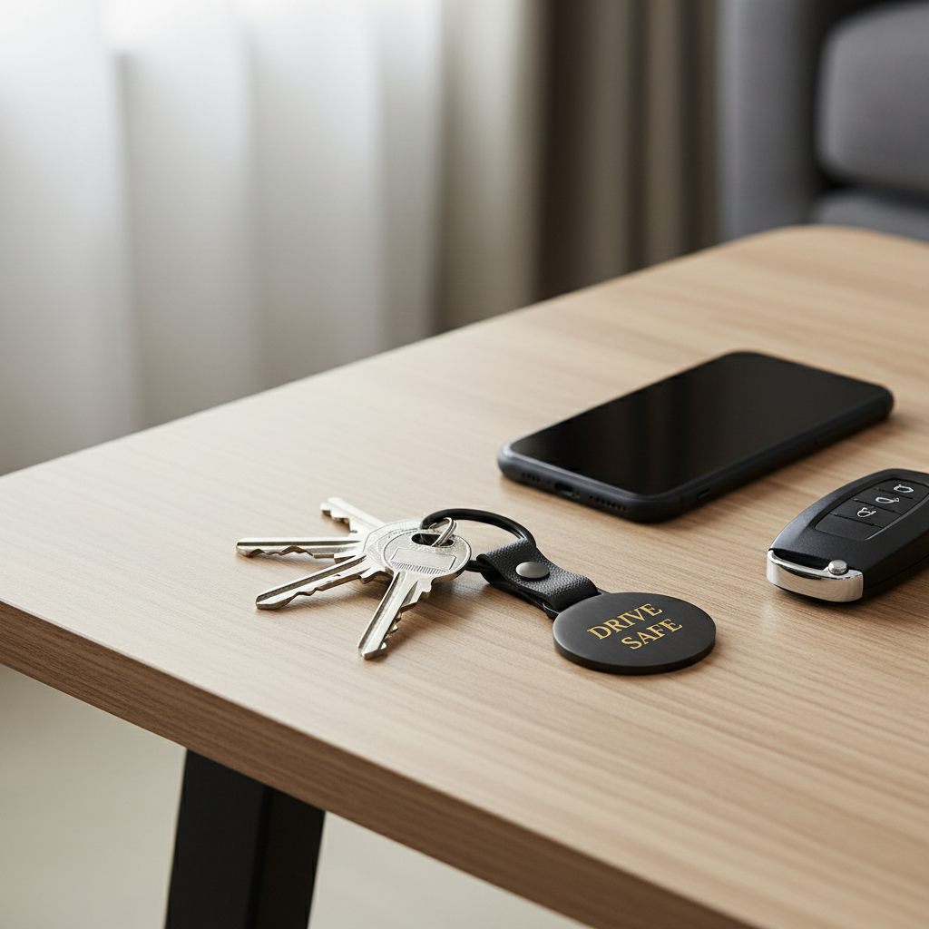 Llavero negro con llaves sobre mesa