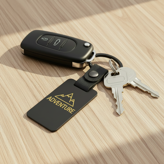 Llavero negro con logo y palabra grabados en dorado