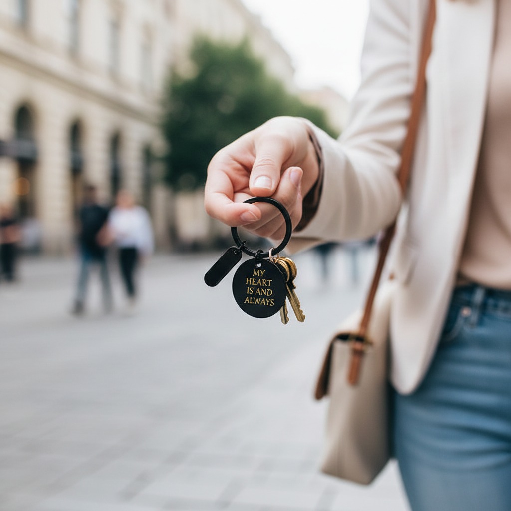 Llavero negro en mano de chica caminando