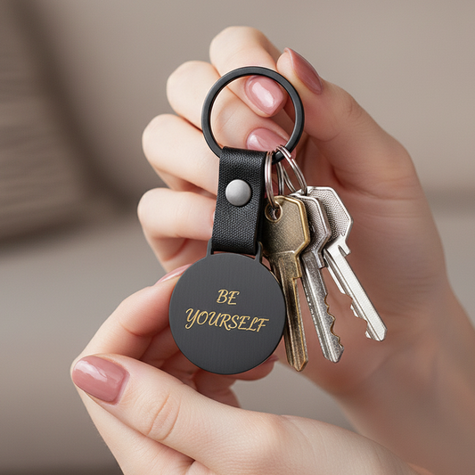 Llavero negro en manos con manicura