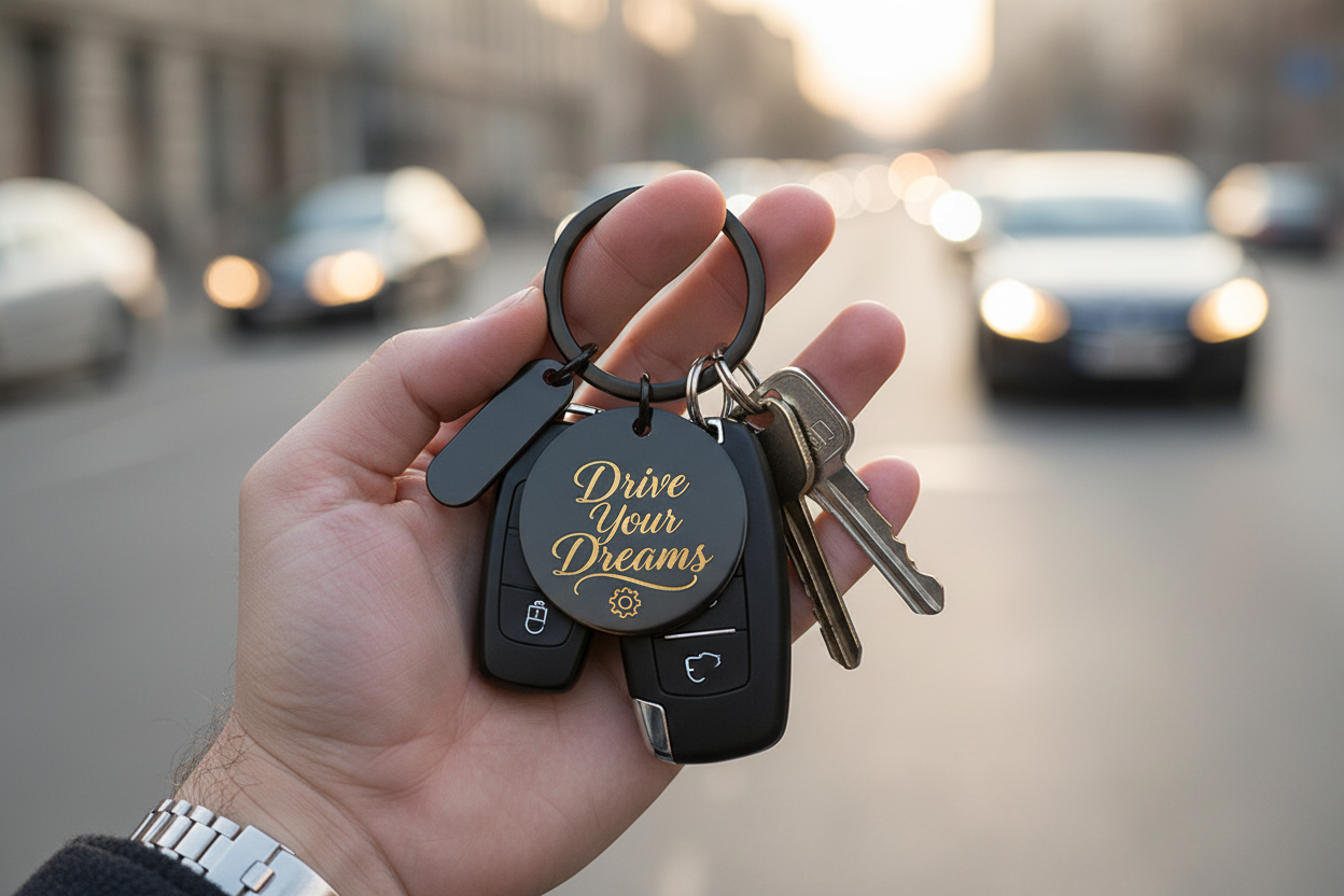 Llavero negro metálico con grabado dorado y llaves de coche en mano