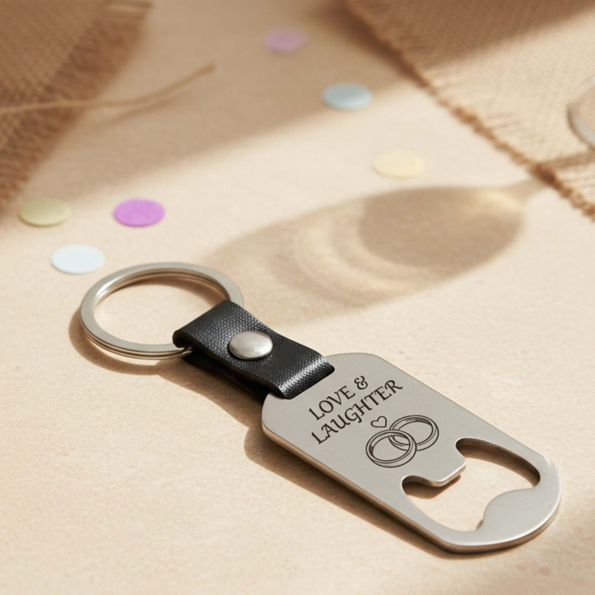 Detalle grabado láser personalizado en llavero abrebotellas de acero inoxidable
