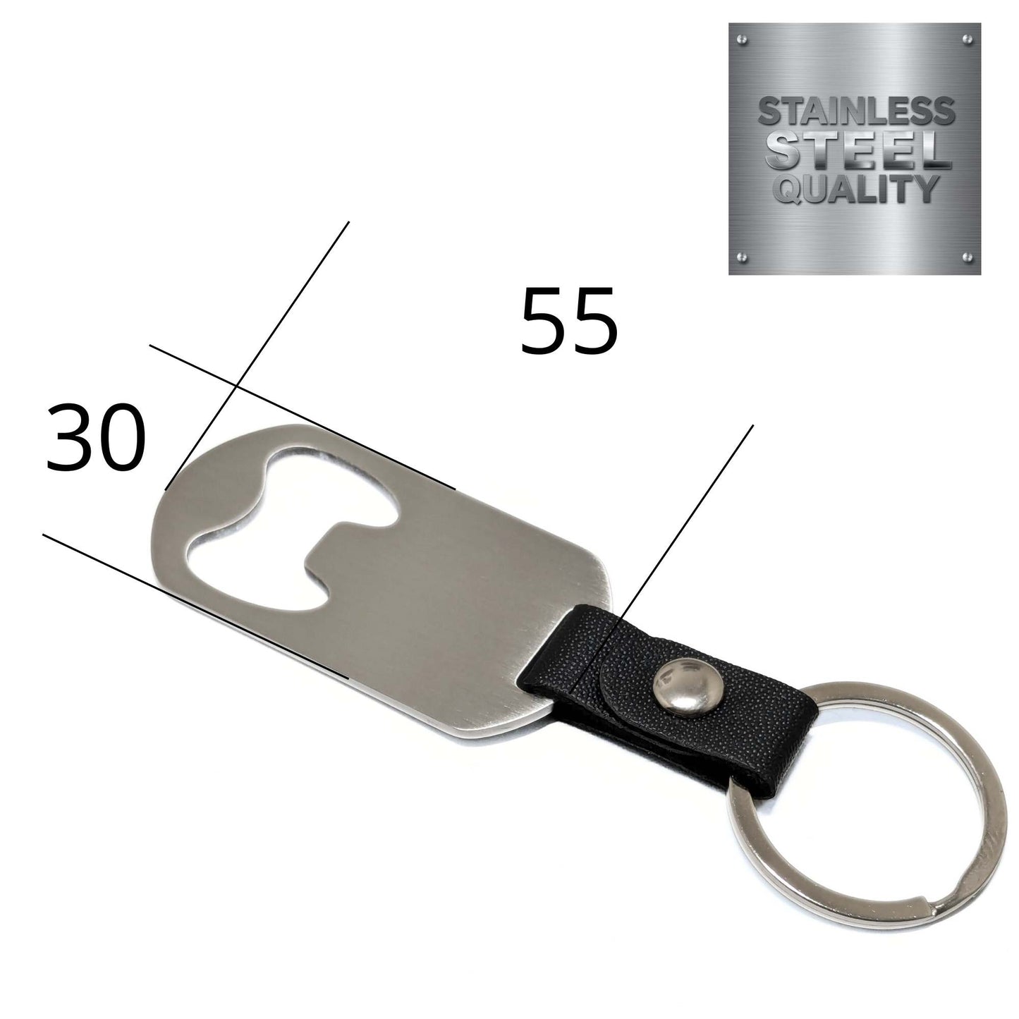 Llavero abrebotellas 55x30mm con anilla metálica resistente - medidas reales