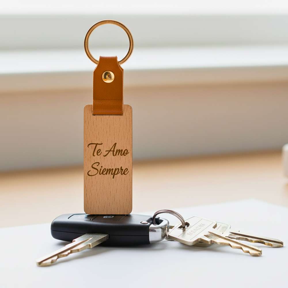Llavero Personalizable Rectangular Madera y Cuero Sintético 13cm