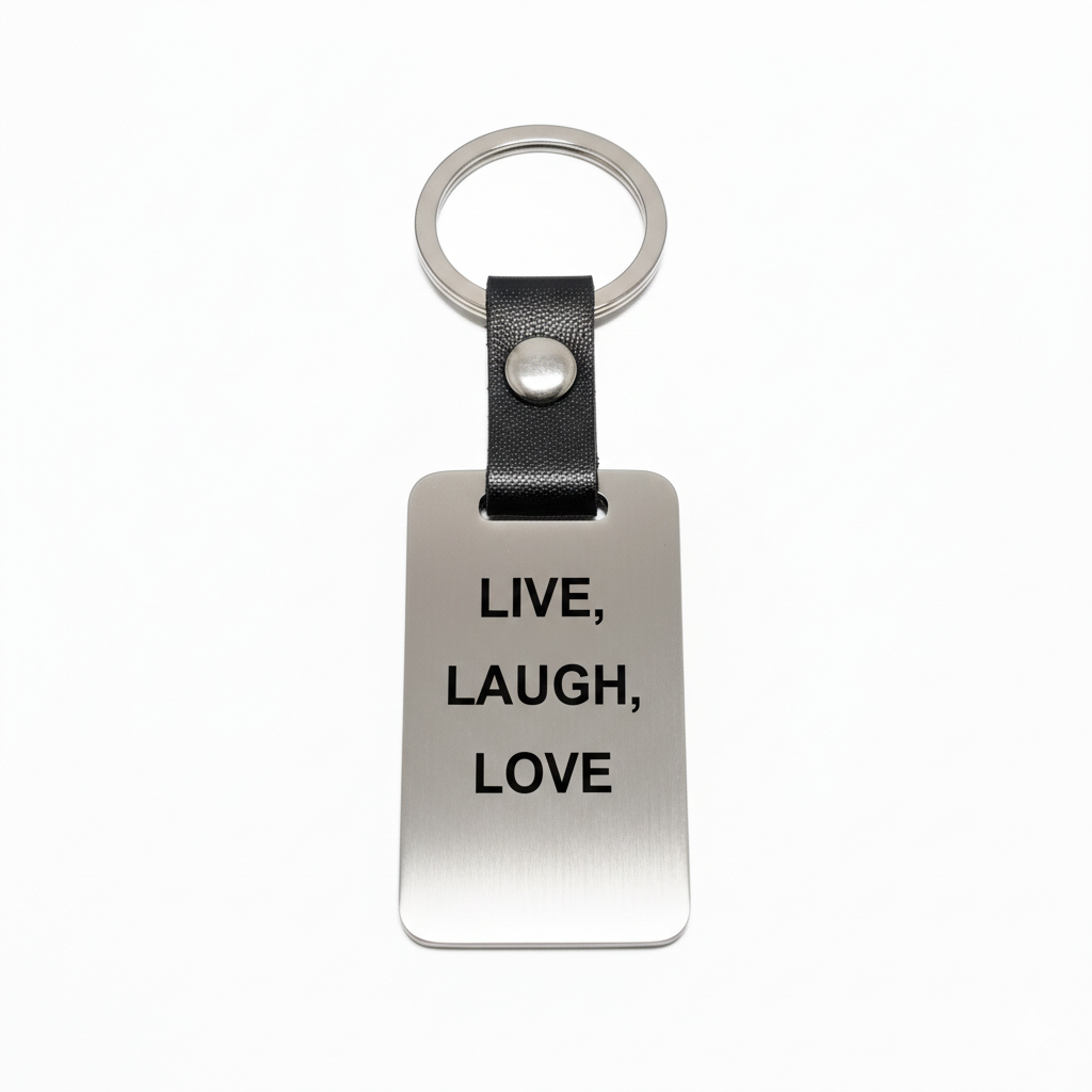 Llavero personalizable en Cuero PU negro, chapa 50x28 mm color Acero con Anilla