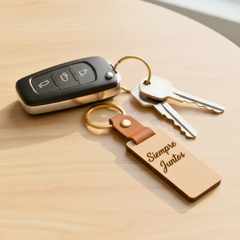Llavero Personalizable Rectangular Madera y Cuero Sintético 13cm