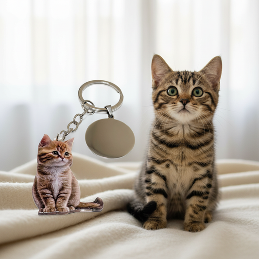 Llavero personalizado gatito atigrado junto a gato real idéntico, llaveros con animales realistas