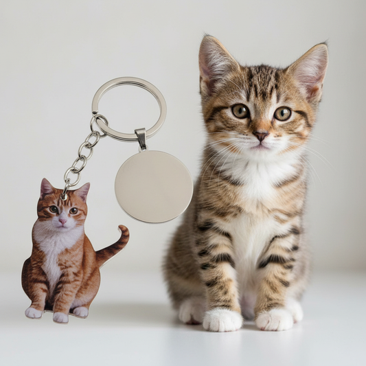 Llavero personalizado gatito atigrado junto a gato real idéntico, llaveros con animales realistas