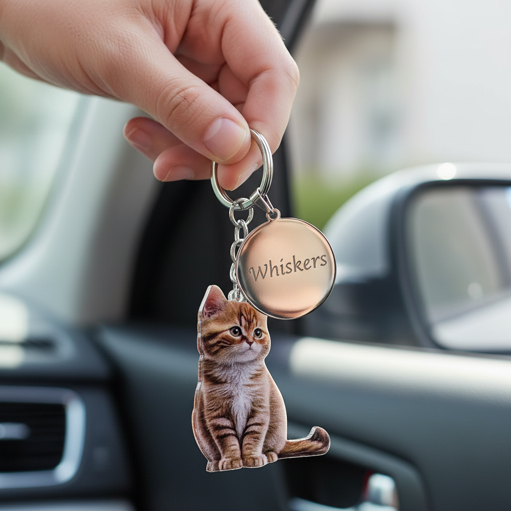 Llavero personalizado gatito atigrado marrón con llaves coche, llavero mascotas con grabado Whiskers