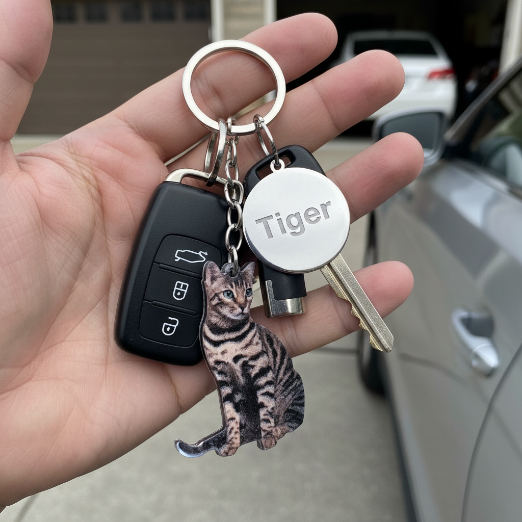 Llavero personalizado gato atigrado con llaves coche, llavero mascotas con grabado Tiger
