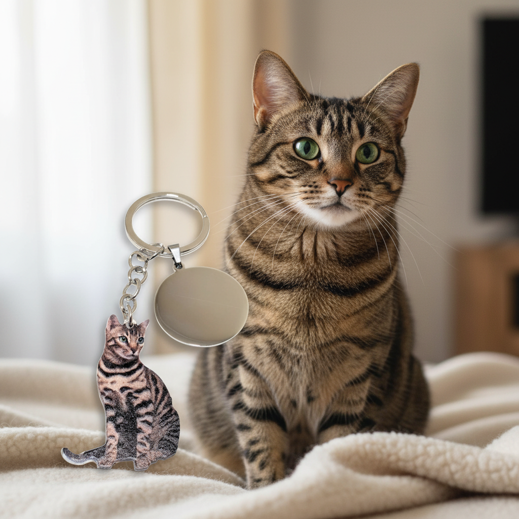 Llavero personalizado gato atigrado junto a gato real idéntico, llaveros con animales realistas