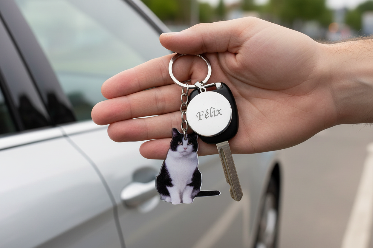 Llavero personalizado gato blanco negro con llaves coche, llavero mascotas con grabado Félix