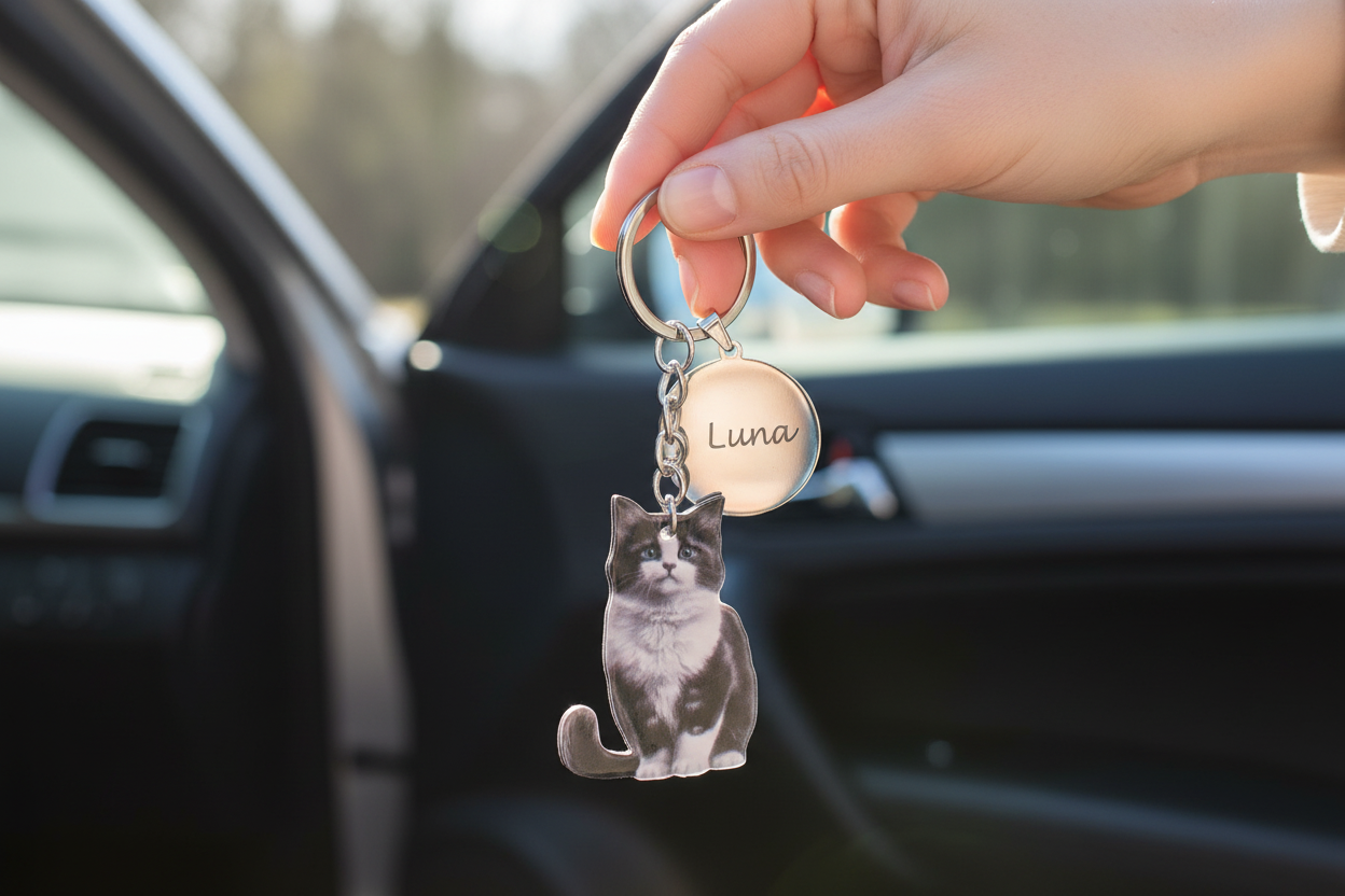 Llavero personalizado gato con llaves coche grabado Luna