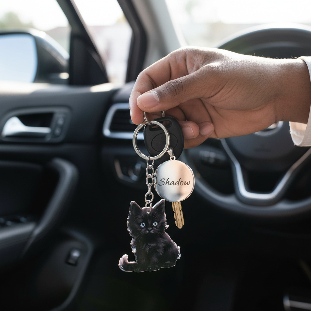 Llavero personalizado gato negro con llaves coche, llavero mascotas con grabado Shadow