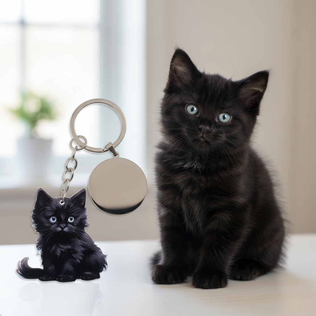 Llavero personalizado gato negro junto a gatito real idéntico, llaveros con animales realistas