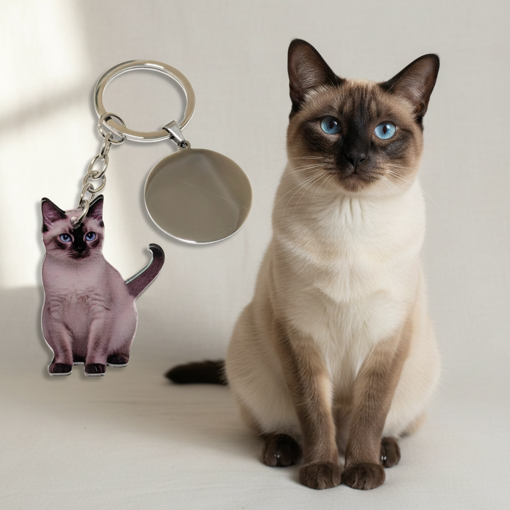 Llavero personalizado gato siamés junto a gato real idéntico, llaveros con animales realistas