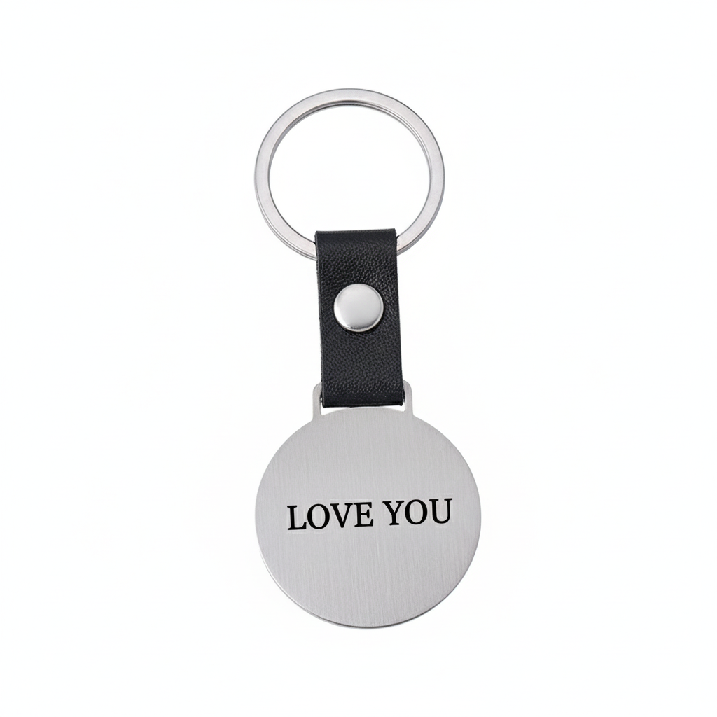 Llavero plateado con grabado negro sobre fondo blanco