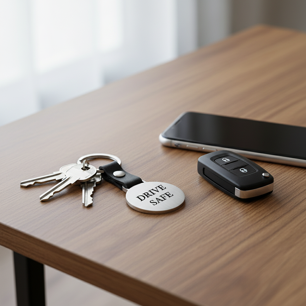 Llavero plateado con llaves sobre mesa