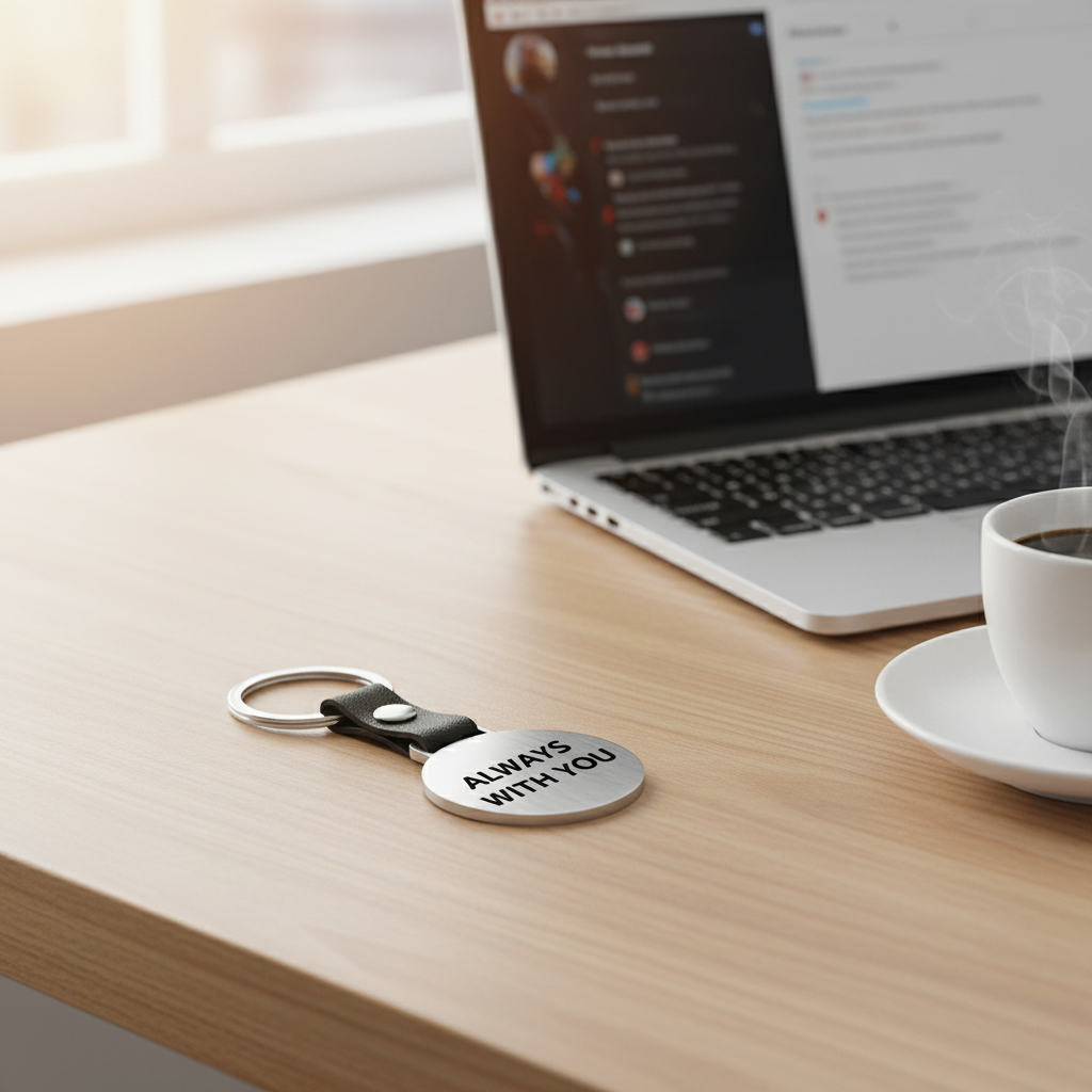 Llavero plateado en escritorio