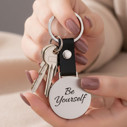 Llavero plateado en manos con manicura