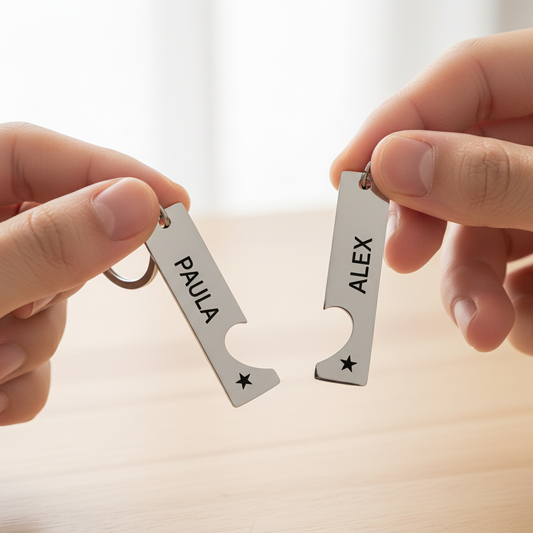 Llavero puzzle con PAULA y ALEX vertical en manos