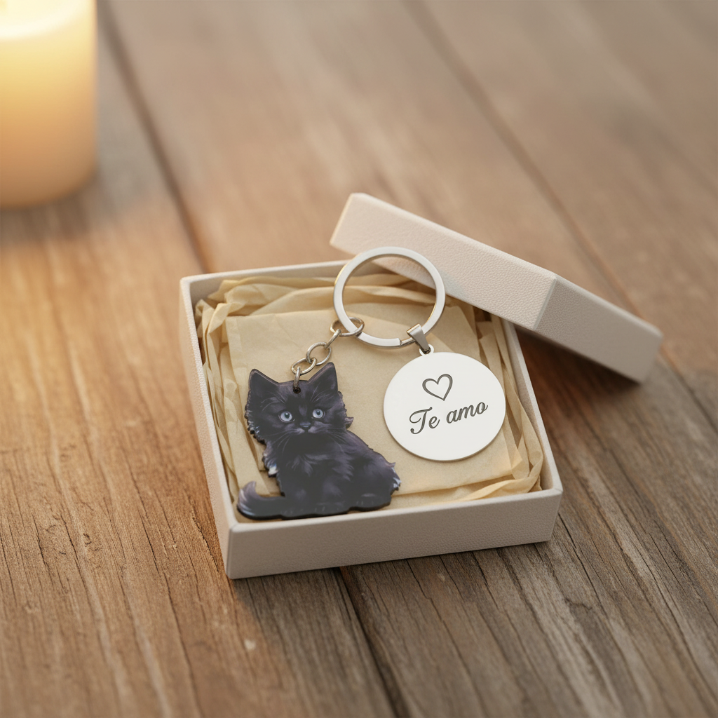 Llavero regalo personalizado gato negro en caja, llavero original para amantes mascotas