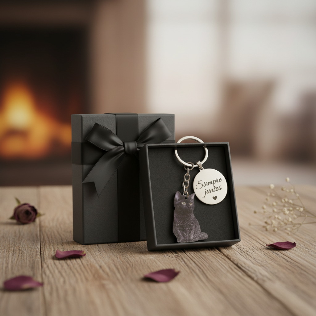 Llavero regalo personalizado gato negro en caja, llavero original para amantes mascotas