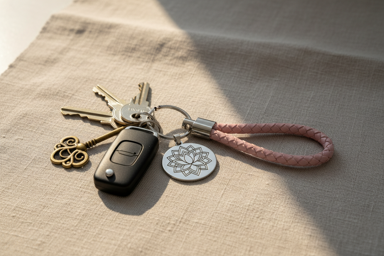 Llavero rosa con nuevas llaves en superficie diferente