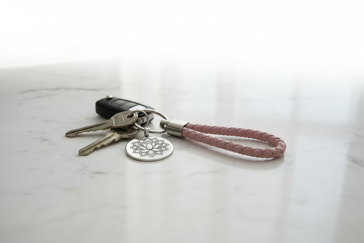 Llavero rosa sobre mesa blanca