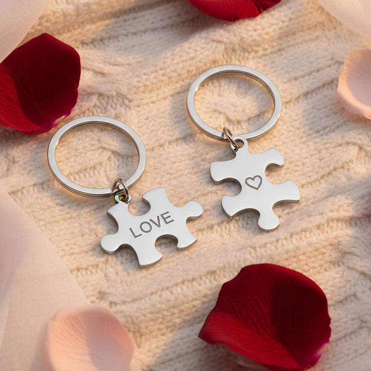 Llaveros puzzle en ambiente romántico con grabados sencillos regalo san valentin
