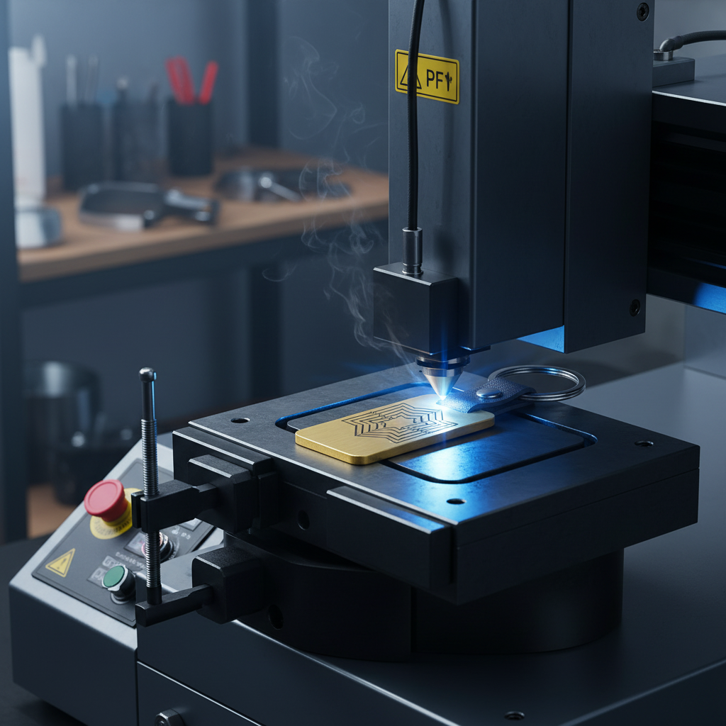 Máquina láser personalizando llavero