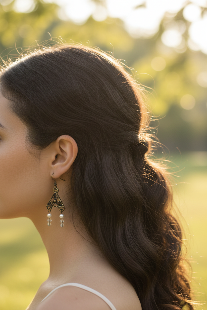 Mujer con pendientes triangulares perlas - cabello suelto