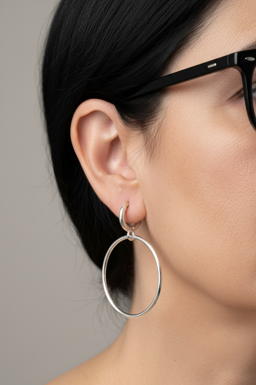 Pendiente aro doble de plata en mujer con gafas negras