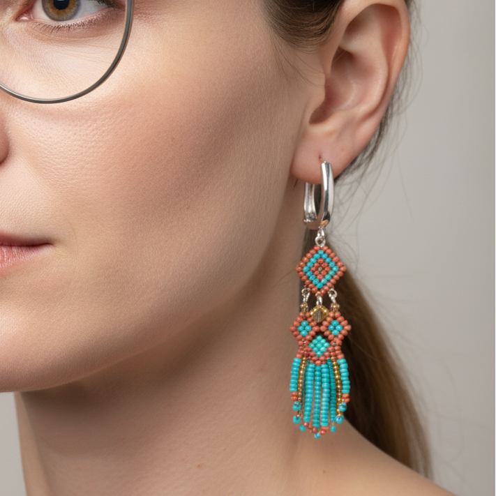 Pendientes aro plata 925 con charms Miyuki en mujer de piel clara