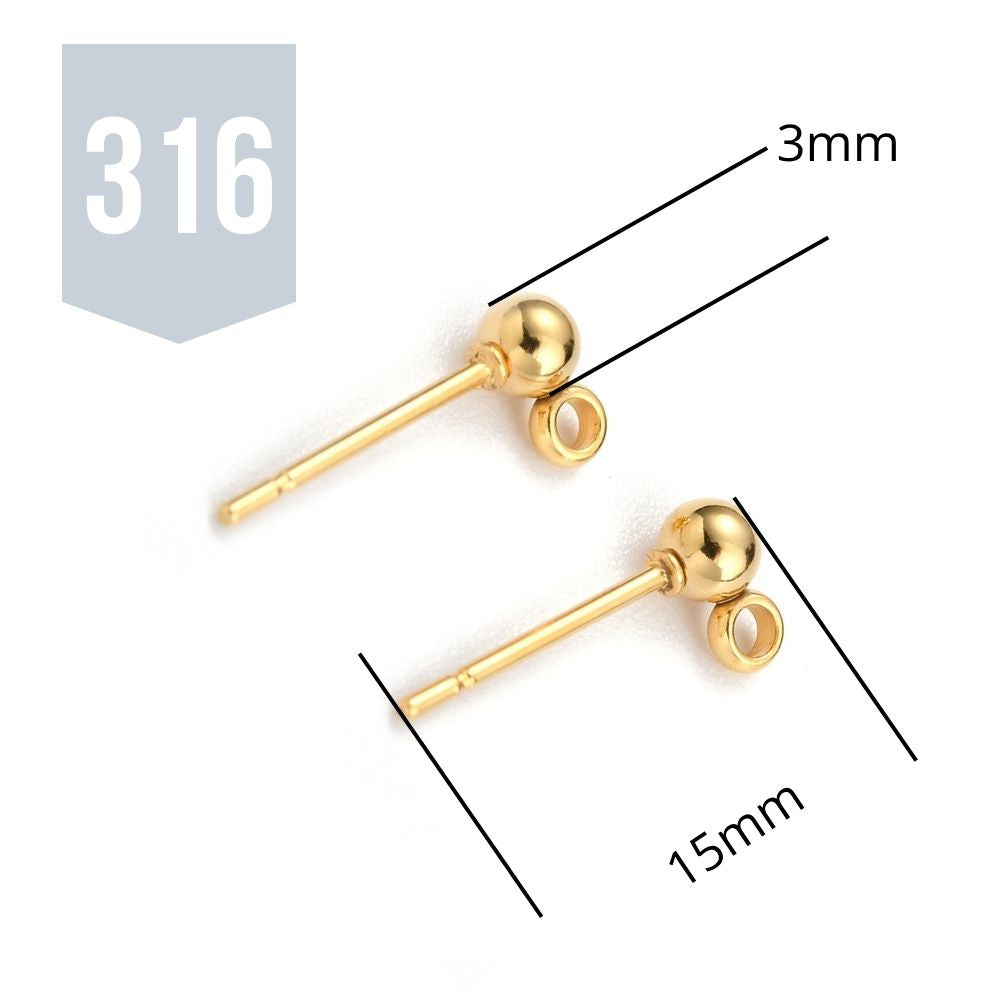 2 bases de pendientes con bola de 3 mm y anilla · Acero 316 chapado en oro de 18 K