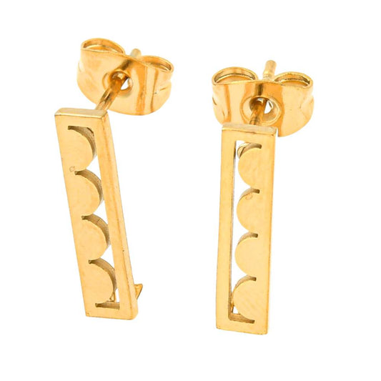 Base para pendientes dorada de acero inoxidable 304 con aro vertical y forma rectangular, ideal para crear joyas artesanales.