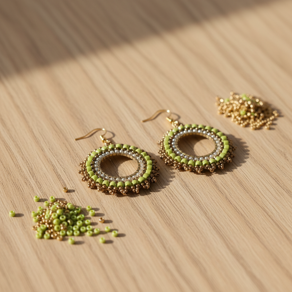 Pendientes de aro Miyuki sobre mesa beige con abalorios