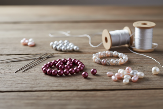 Perlas cristal checo fuchsia en mesa de trabajo