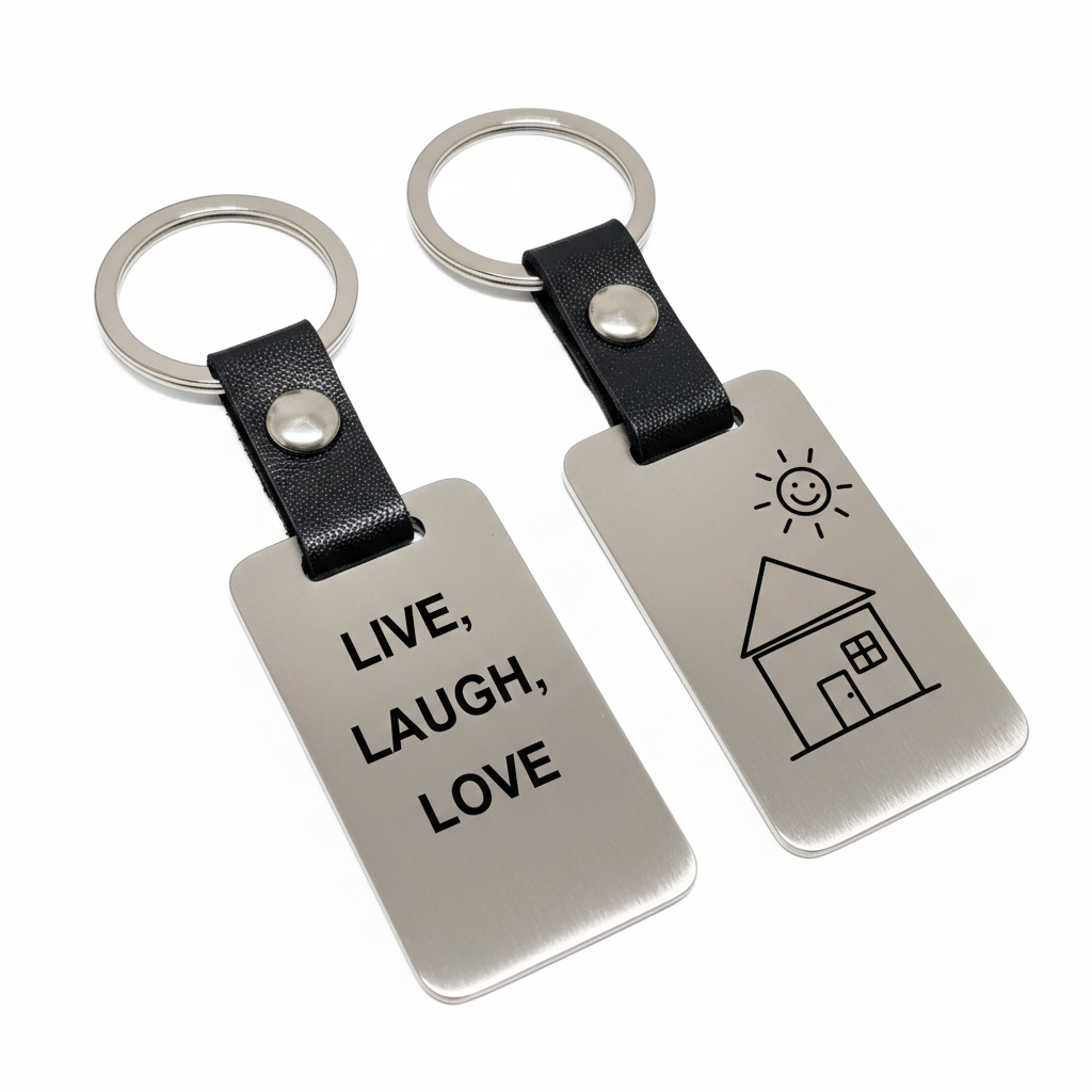 Llavero personalizable en Cuero PU negro, chapa 50x28 mm color Acero con Anilla