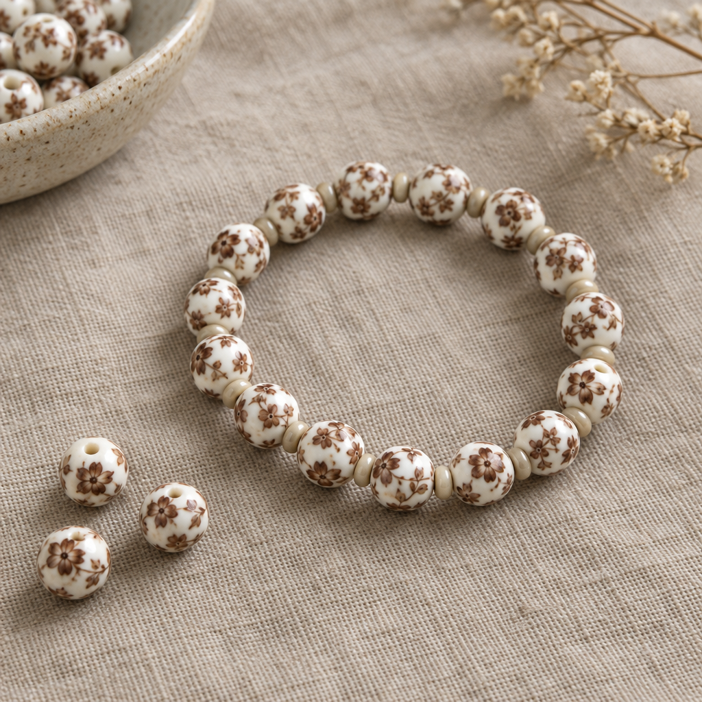 Pulsera de ejemplo con cuentas de porcelana de flores marrones